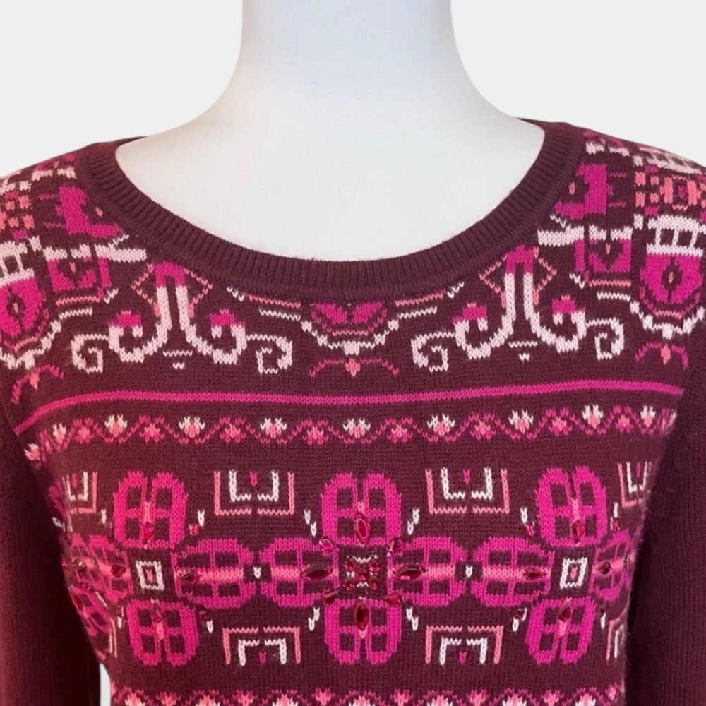 Talbots Fair Isle Lambswool Blend Beaded Sweater Burgundy Magenta Size Medium - Picture 2 of 7